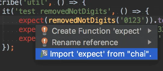 expect 에서도 Alt+Enter 키를 누르고 Import 'expect' from "chai"를 클릭해주자.