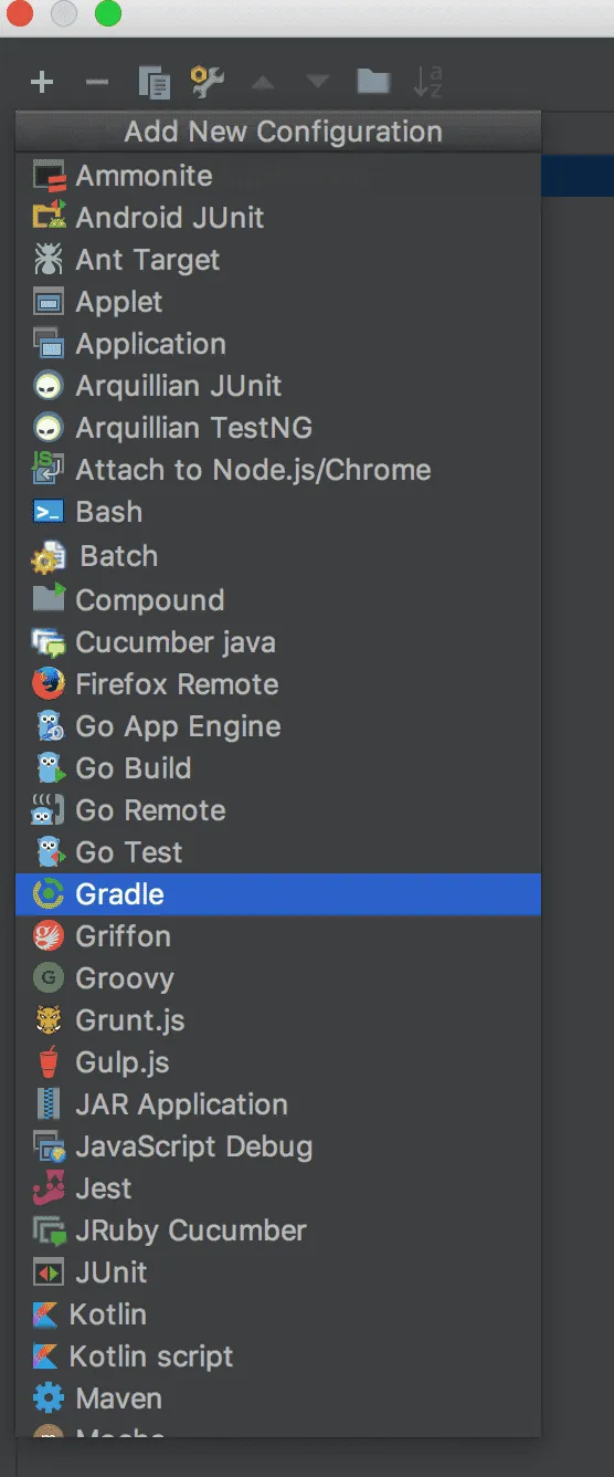 좌측 상단에 있는 + 버튼을 눌러서 Gradle을 선택하자.