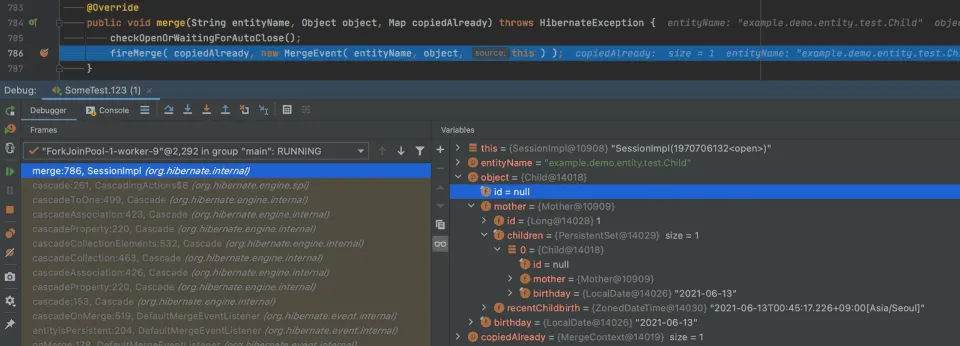 SessionImpl(하이버네이트에서 EntityManager 인터페이스의 구현체)의 merge 메서드에서 MergeEvent를 만들고 있습니다.
