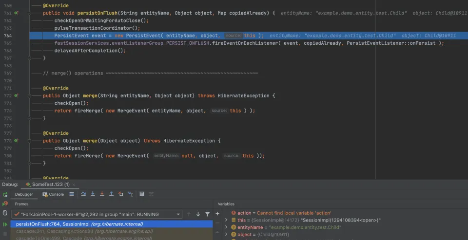 SessionImpl(하이버네이트에서 EntityManager 인터페이스의 구현체)의 persistOnFlush에서 PersistEvent를 만들고 있습니다.