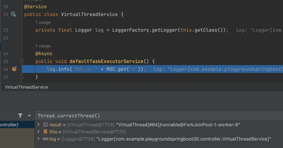 Async Thread에서는 Interceptor에서 사용한 Virtual Thread와 다른 Virtual Thread를 사용하는 걸 볼 수 있다.