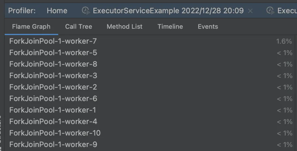 cpu 코어 갯수인 10개의 ForkJoinPool Worker 쓰레드가 생성되었다.