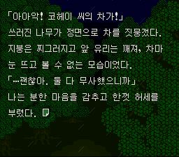 한글판: 쓰러진 나무에 찌그러진 차를 보고 놀라는 장면