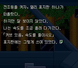 전조등을 켜고 밤 산길을 달리며 커브 표지판을 읽는 장면
