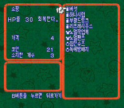 아이템 이름과 설명이 보이는 상점 화면